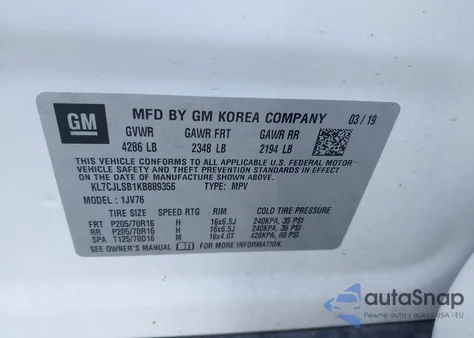 2019 Chevrolet Trax Lt z USA, uszkodzony, nr VIN KL7CJLSB1KB889356